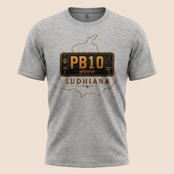 PUNJAB BOLDA grey unisex classic tee featuring a PB10 Ludhiana license plate graphic and Punjab district map outline.