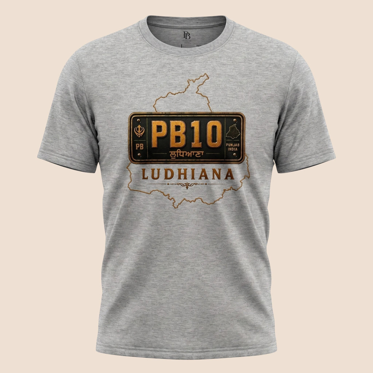 PUNJAB BOLDA grey unisex classic tee featuring a PB10 Ludhiana license plate graphic and Punjab district map outline.
