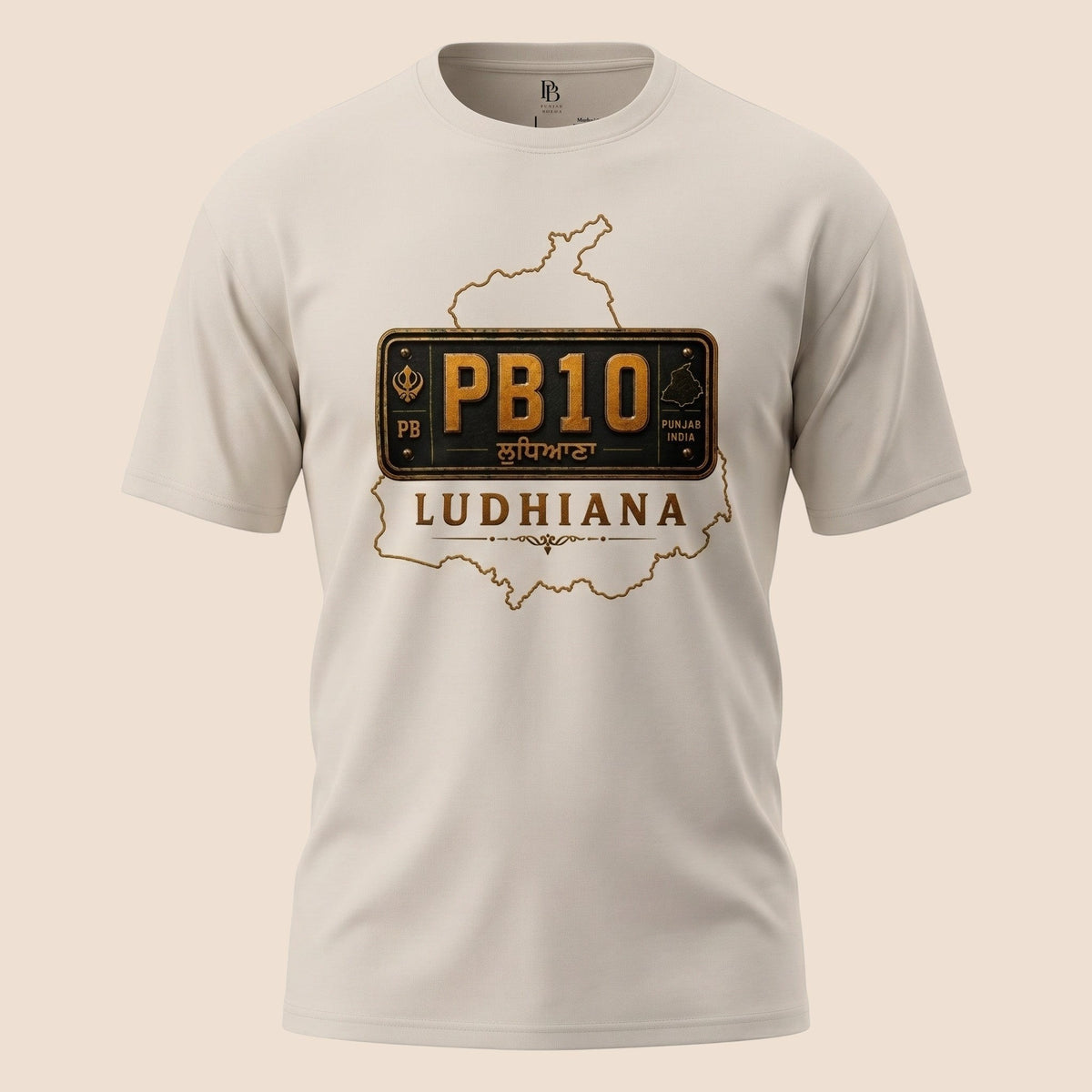 PUNJAB BOLDA unisex beige classic tee featuring a PB10 Ludhiana district license plate graphic and map outline.