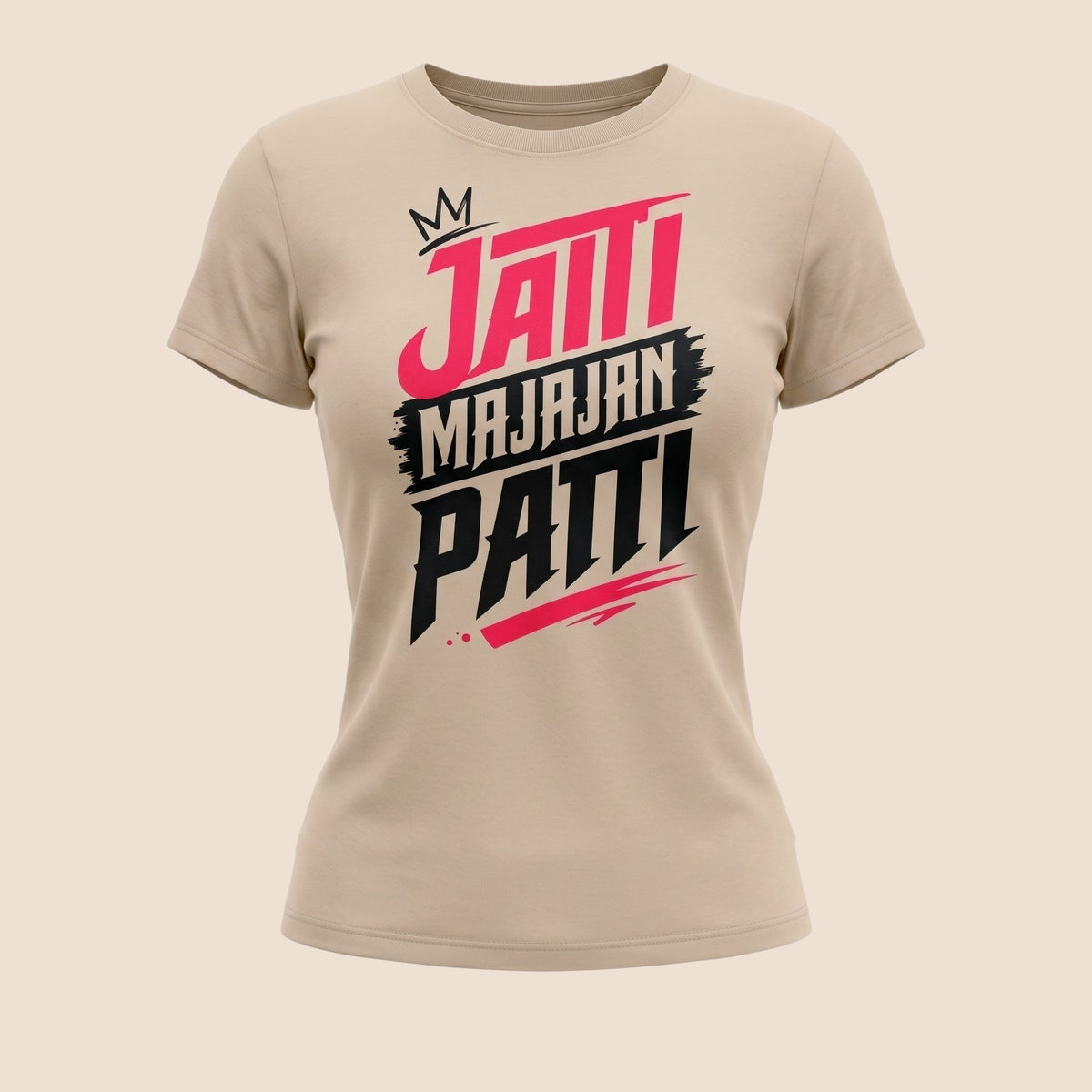 PUNJAB BOLDA MAJAJAN unisex classic cotton tee in beige with bold pink and black desi graphic print