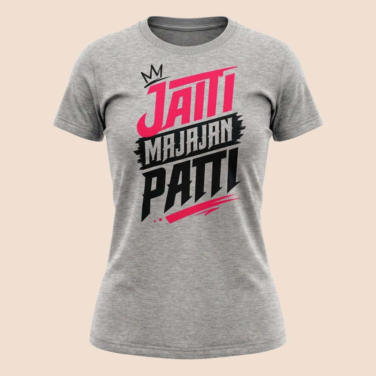 PUNJAB BOLDA MAJAJAN unisex classic grey cotton t-shirt with bold pink and black graphic print.