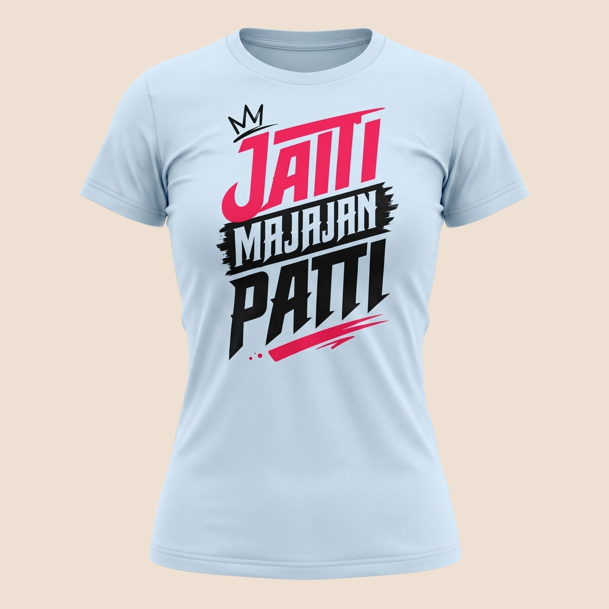 PUNJAB BOLDA light blue unisex cotton t-shirt featuring bold Jatti Majajan Patti graphic print with a crown icon.