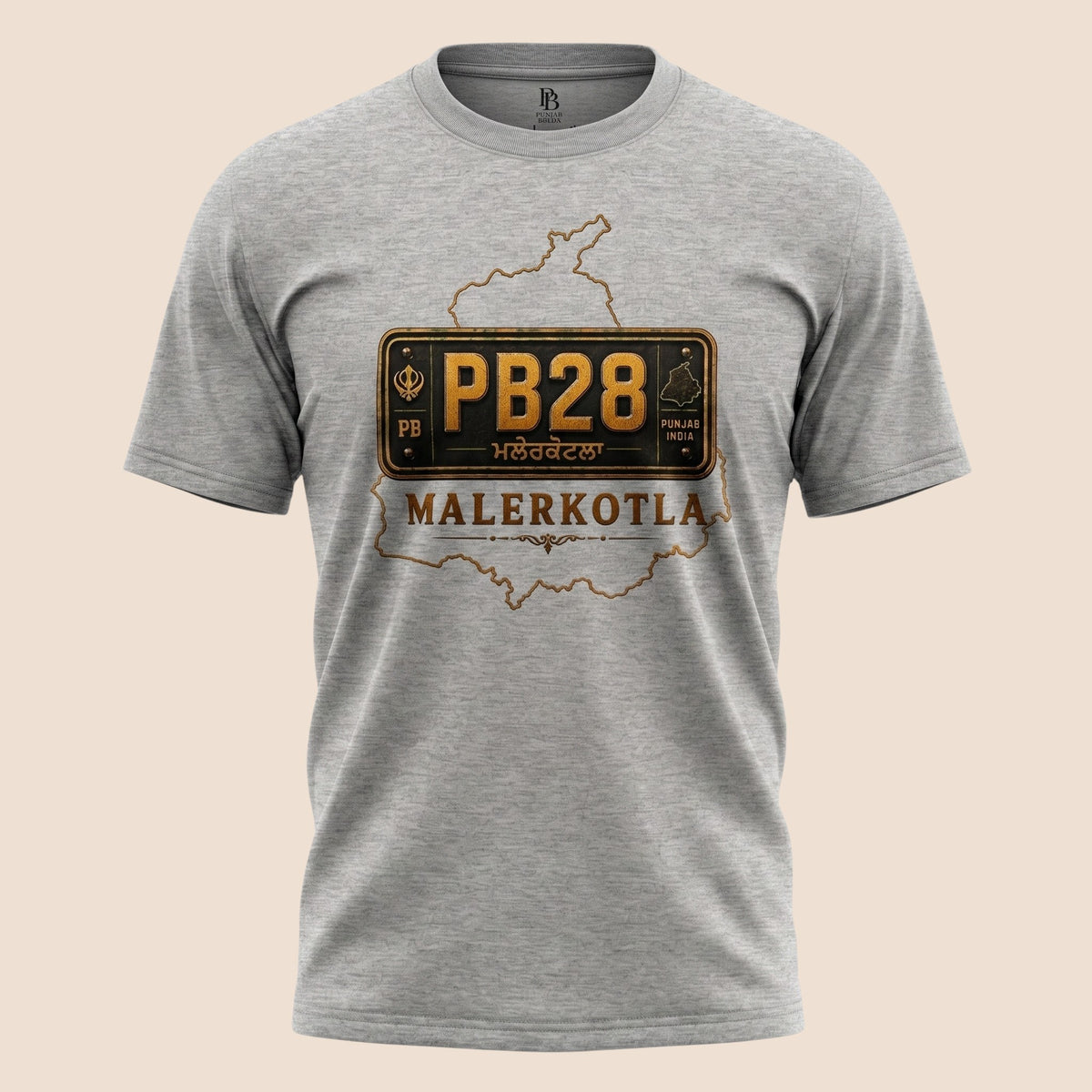 PUNJAB BOLDA grey unisex classic tee featuring a Malerkotla PB28 district license plate graphic print.