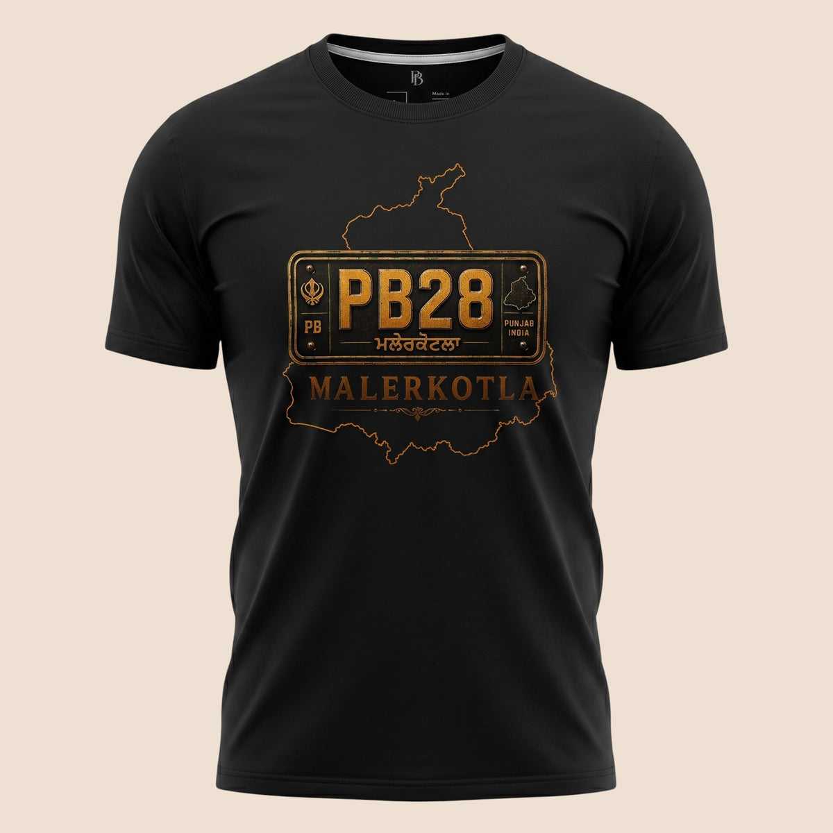 PUNJAB BOLDA black unisex classic tee featuring a gold PB28 Malerkotla district graphic from the JILA collection.
