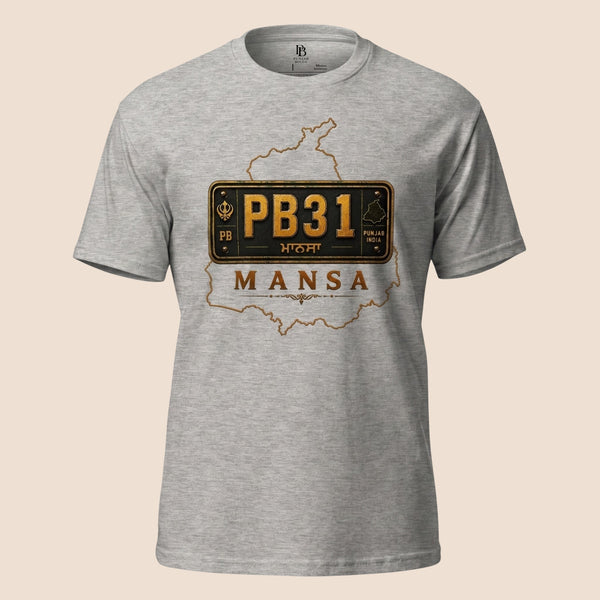 PUNJAB BOLDA grey unisex classic tee featuring a Mansa district license plate graphic and Punjab map outline.