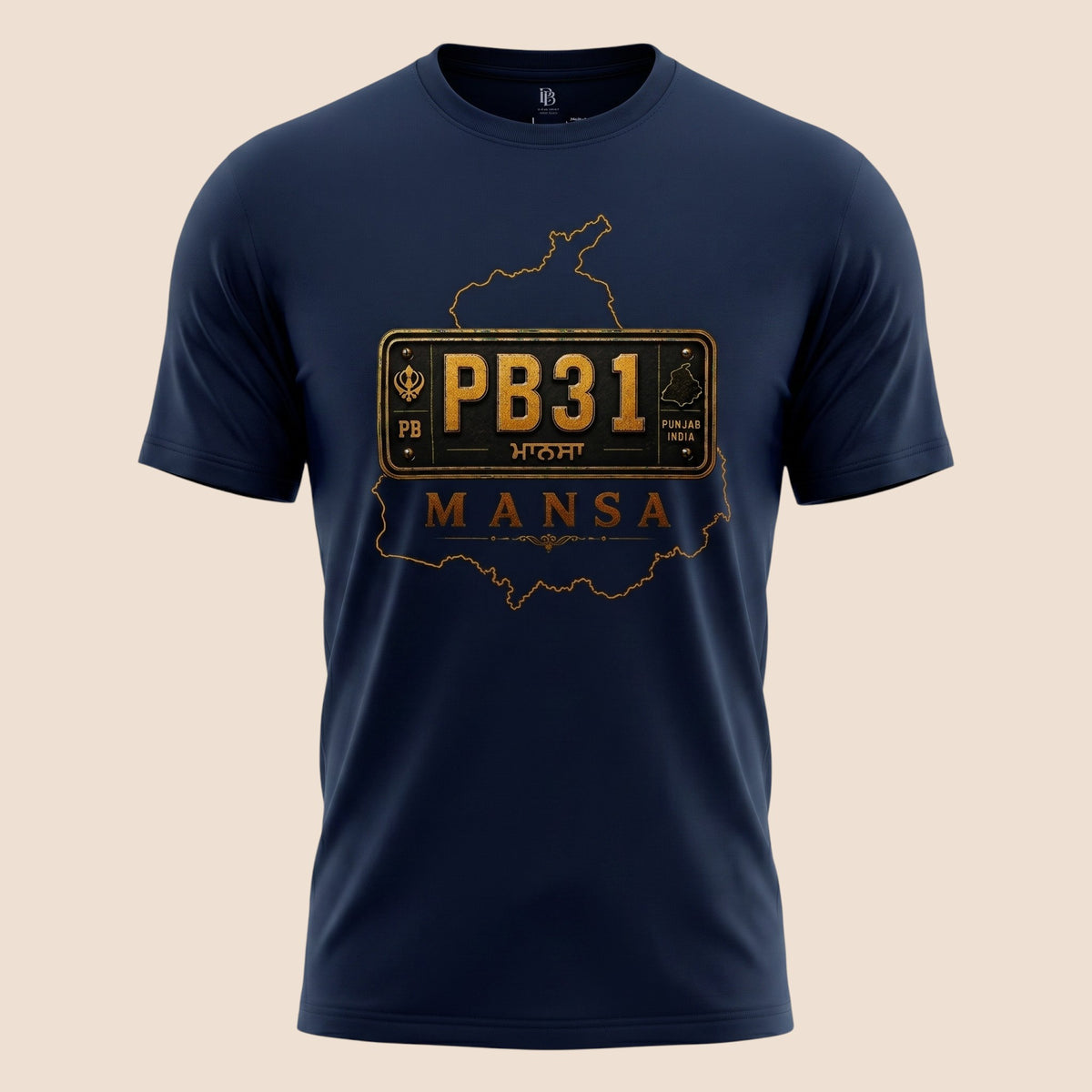 PUNJAB BOLDA navy blue unisex classic tee featuring a gold PB31 Mansa district graphic and heritage-inspired design.