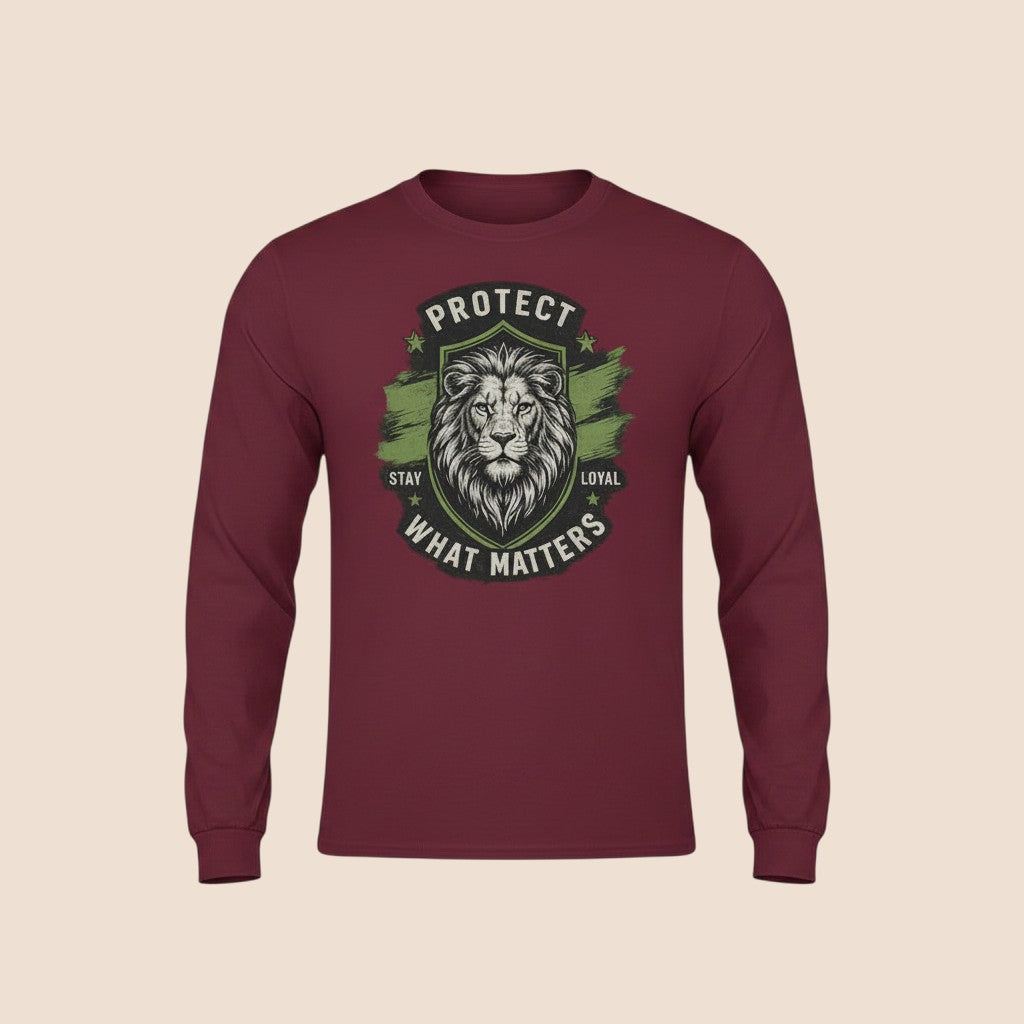 PUNJAB BOLDA maroon long sleeve cotton shirt with a lion graphic and Protect What Matters text in a shield emblem.