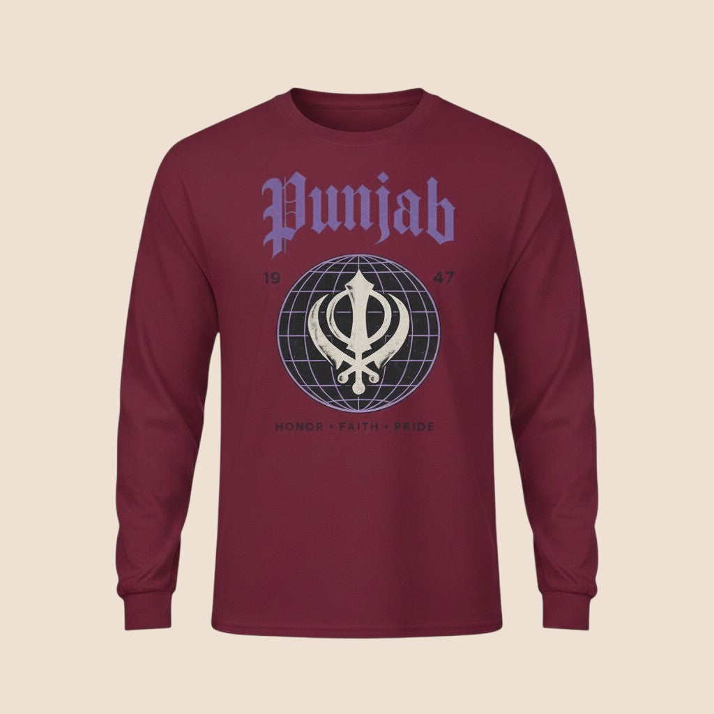 PUNJAB BOLDA maroon long sleeve cotton shirt with a graphic print featuring the Khanda symbol and Punjab text.
