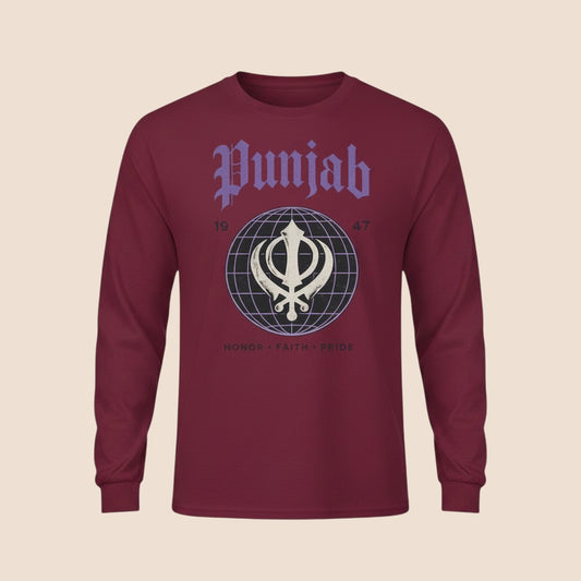 PUNJAB BOLDA maroon long sleeve cotton shirt with a graphic print featuring the Khanda symbol and Punjab text.