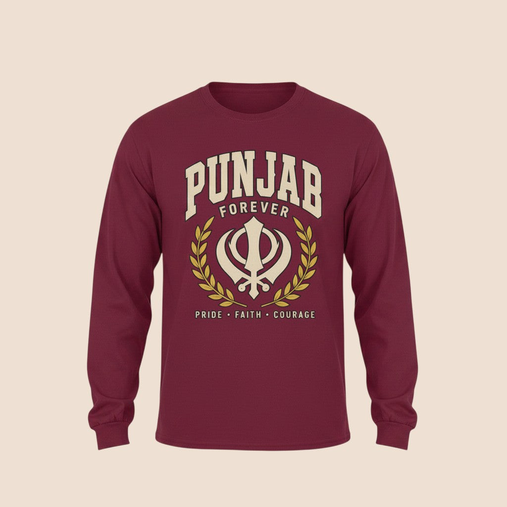 PUNJAB BOLDA maroon long sleeve cotton shirt with Punjab Forever graphic, Khanda symbol, and Pride Faith Courage text.