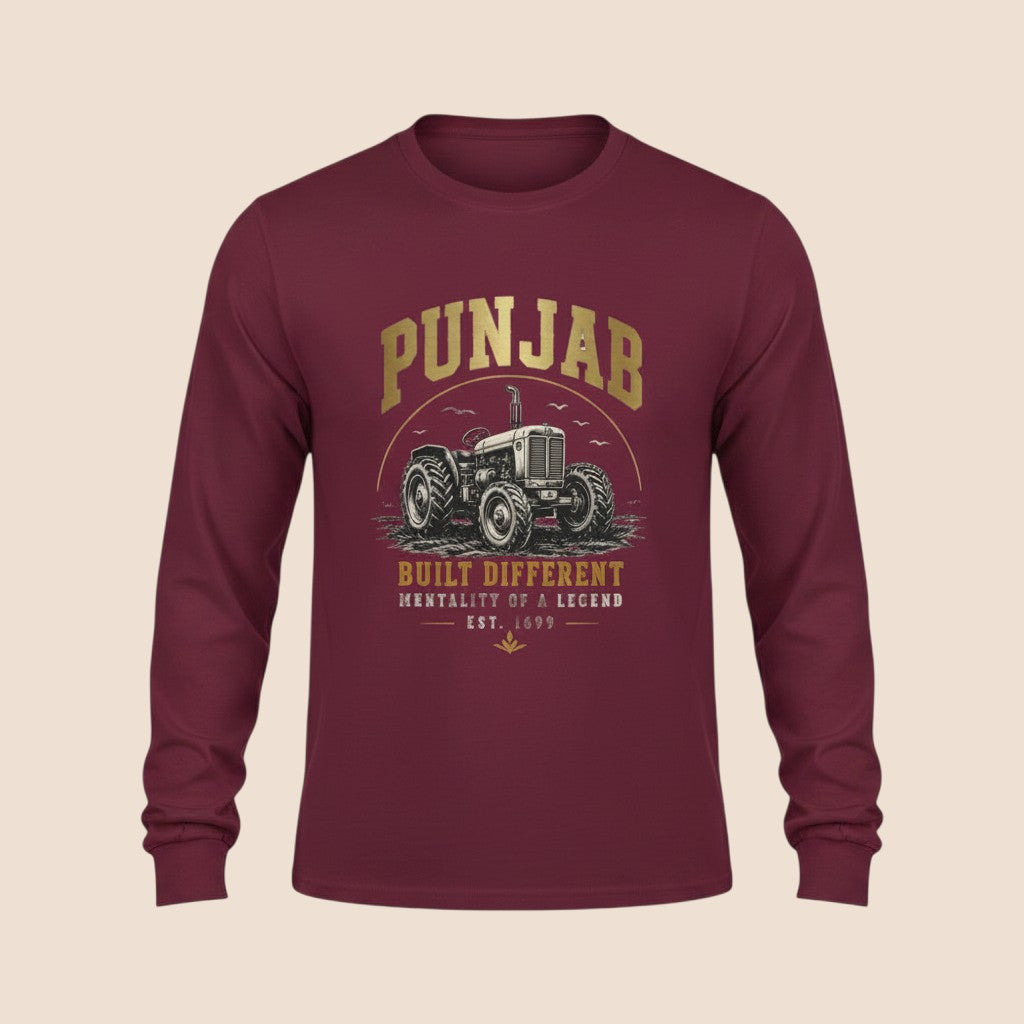 PUNJAB BOLDA maroon long sleeve cotton shirt with a vintage tractor graphic and Punjab Built Different text print.