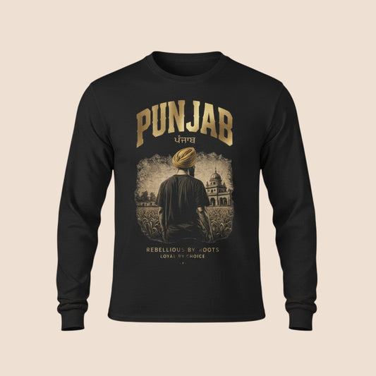 PUNJAB BOLDA black long sleeve cotton shirt featuring a gold graphic of a man in a turban before a historic building.