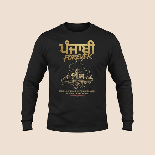 PUNJAB BOLDA black long sleeve cotton shirt with gold Punjabi Forever graphic print and cultural illustration.