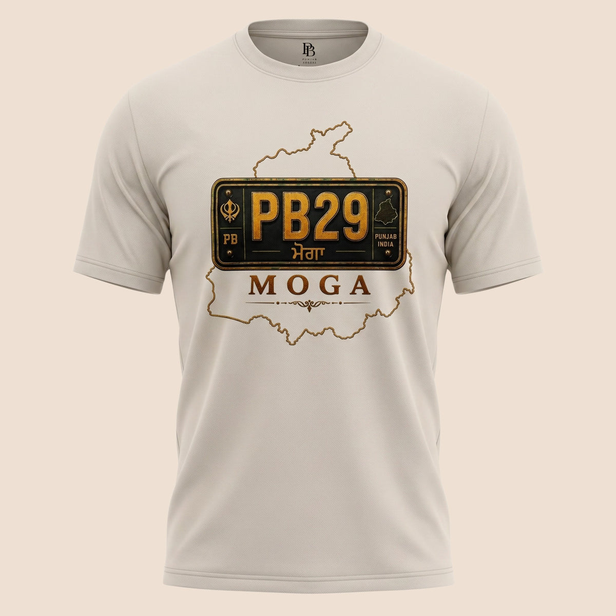 PUNJAB BOLDA MOGA unisex classic tee in beige featuring a PB29 district license plate graphic and Punjab map outline.