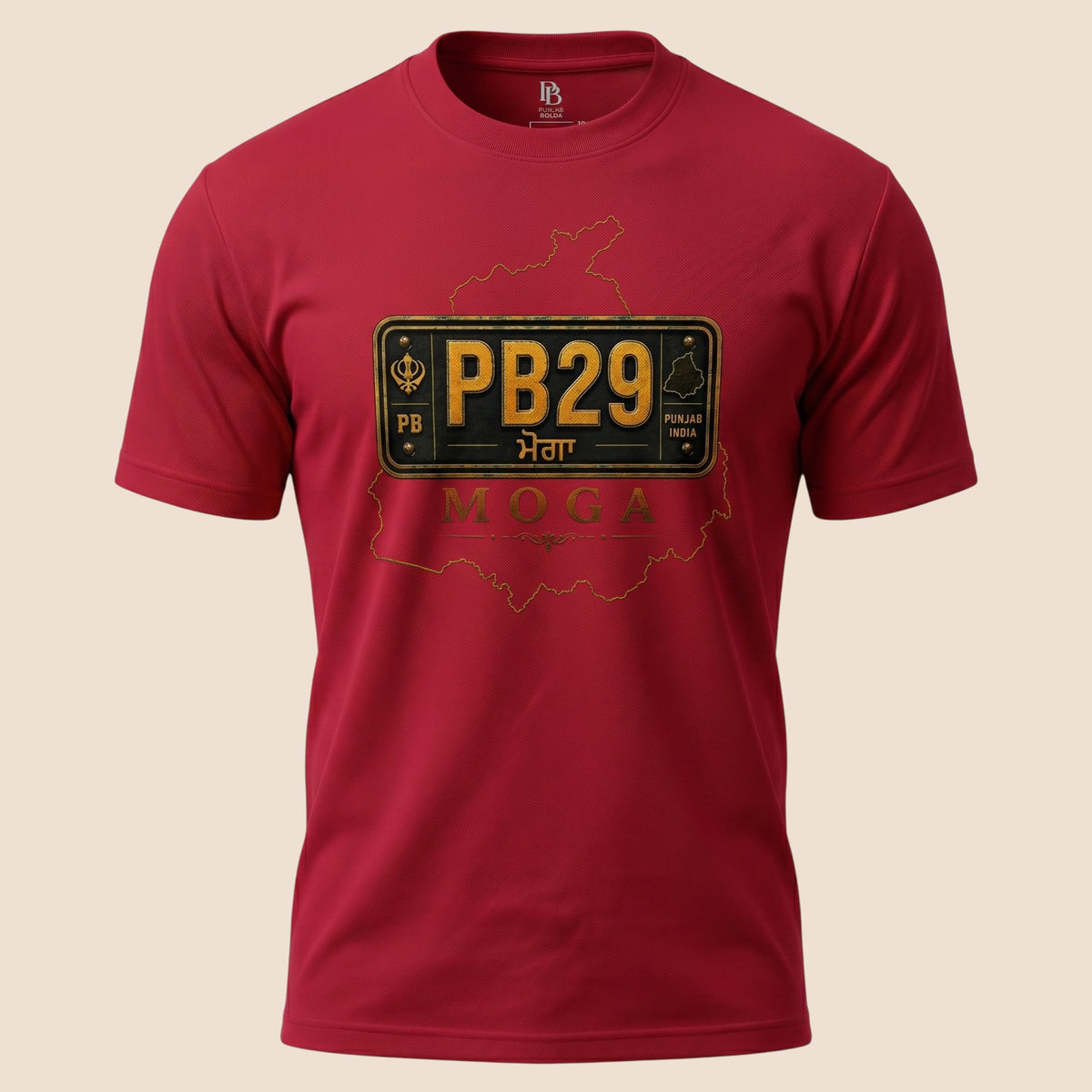 PUNJAB BOLDA red unisex classic tee featuring a Moga district license plate graphic and heritage-inspired design.