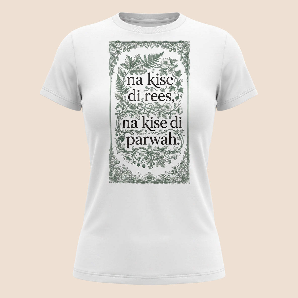 PUNJAB BOLDA white unisex classic tee featuring green floral frame and Na Kise Di Rees Punjabi typography graphic.