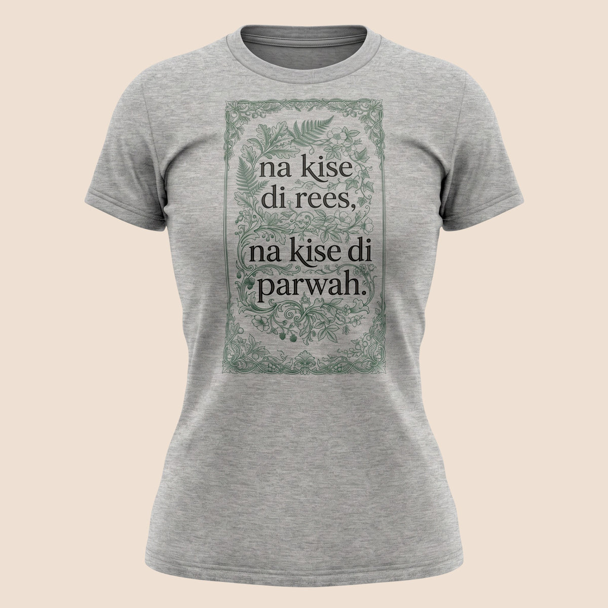 PUNJAB BOLDA grey unisex classic tee featuring a green floral frame and the Punjabi quote Na Kise Di Rees.