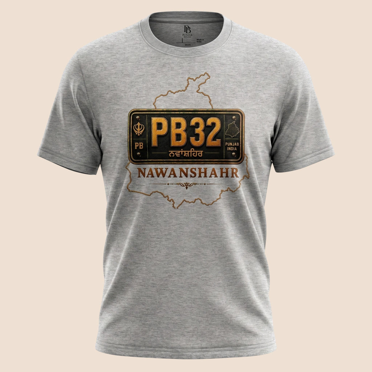PUNJAB BOLDA grey unisex classic tee featuring a PB32 Nawanshahr district license plate graphic from the JILA collection