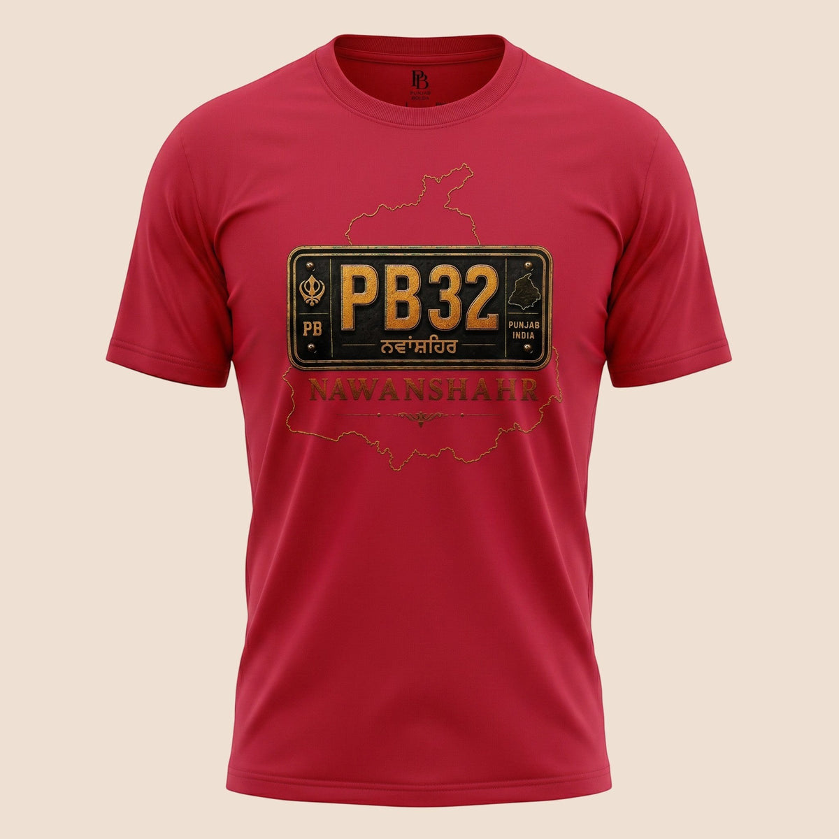 PUNJAB BOLDA red unisex classic tee featuring a PB32 Nawanshahr district license plate graphic and heritage design.