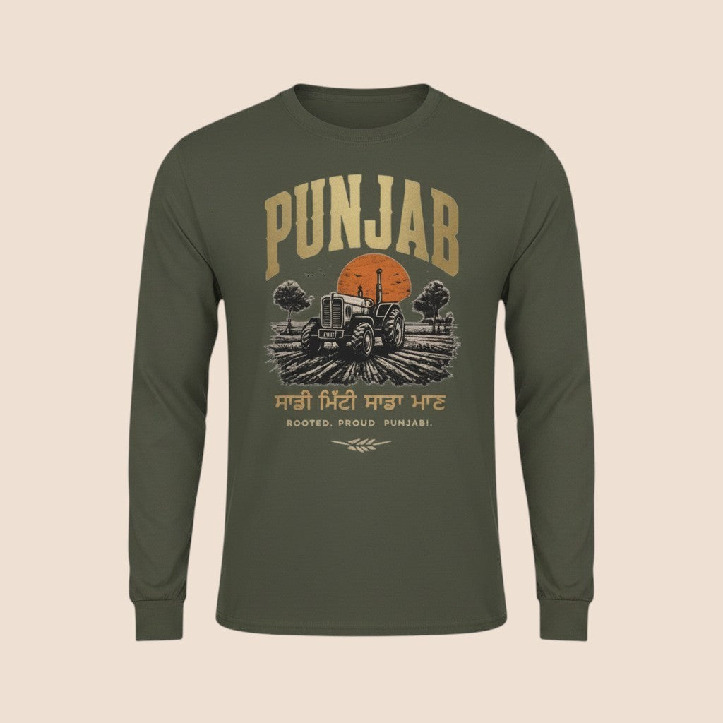 PUNJAB BOLDA olive green long sleeve cotton shirt with a graphic print of a tractor in a field at sunset.