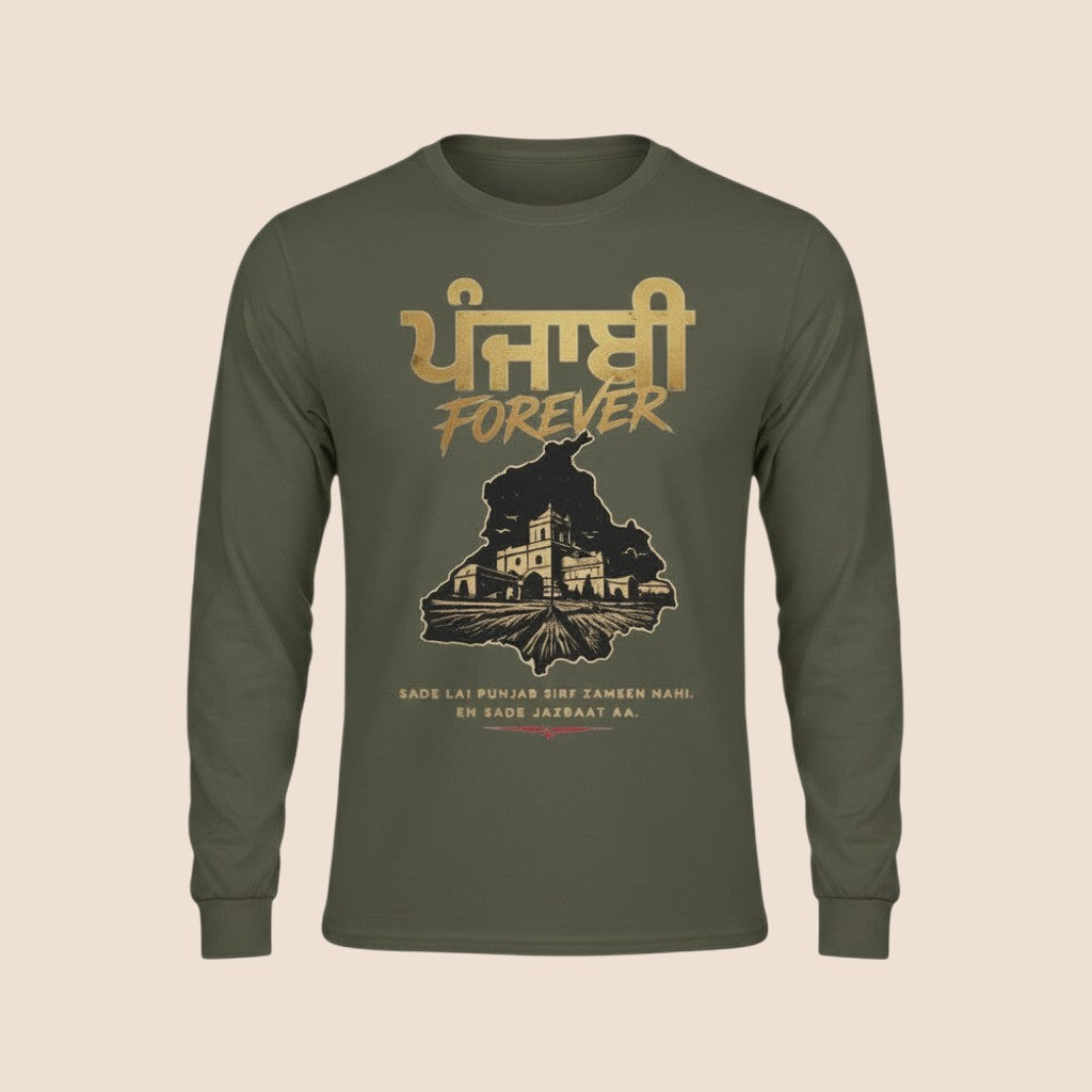 PUNJAB BOLDA olive green long sleeve cotton shirt with Punjabi Forever graphic print and cultural design.