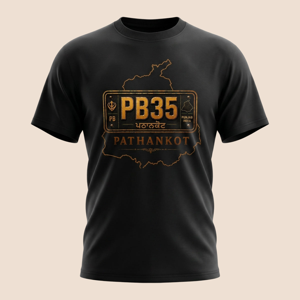 PUNJAB BOLDA black unisex classic tee featuring a gold PB35 Pathankot district graphic and Punjab map design.