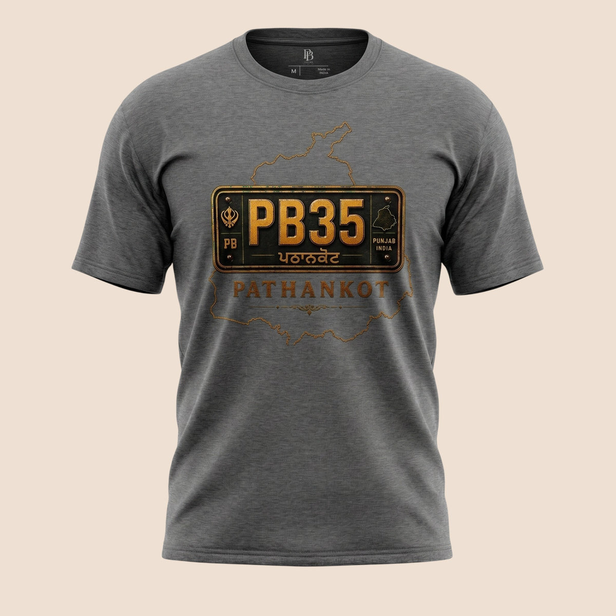 PUNJAB BOLDA unisex grey t-shirt featuring a Pathankot PB35 license plate graphic and Punjab district map outline.