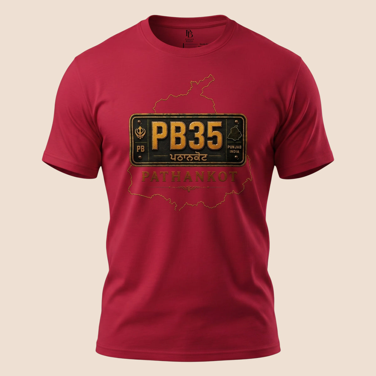 PUNJAB BOLDA red unisex classic tee featuring a Pathankot PB35 license plate graphic and Punjab district map outline.