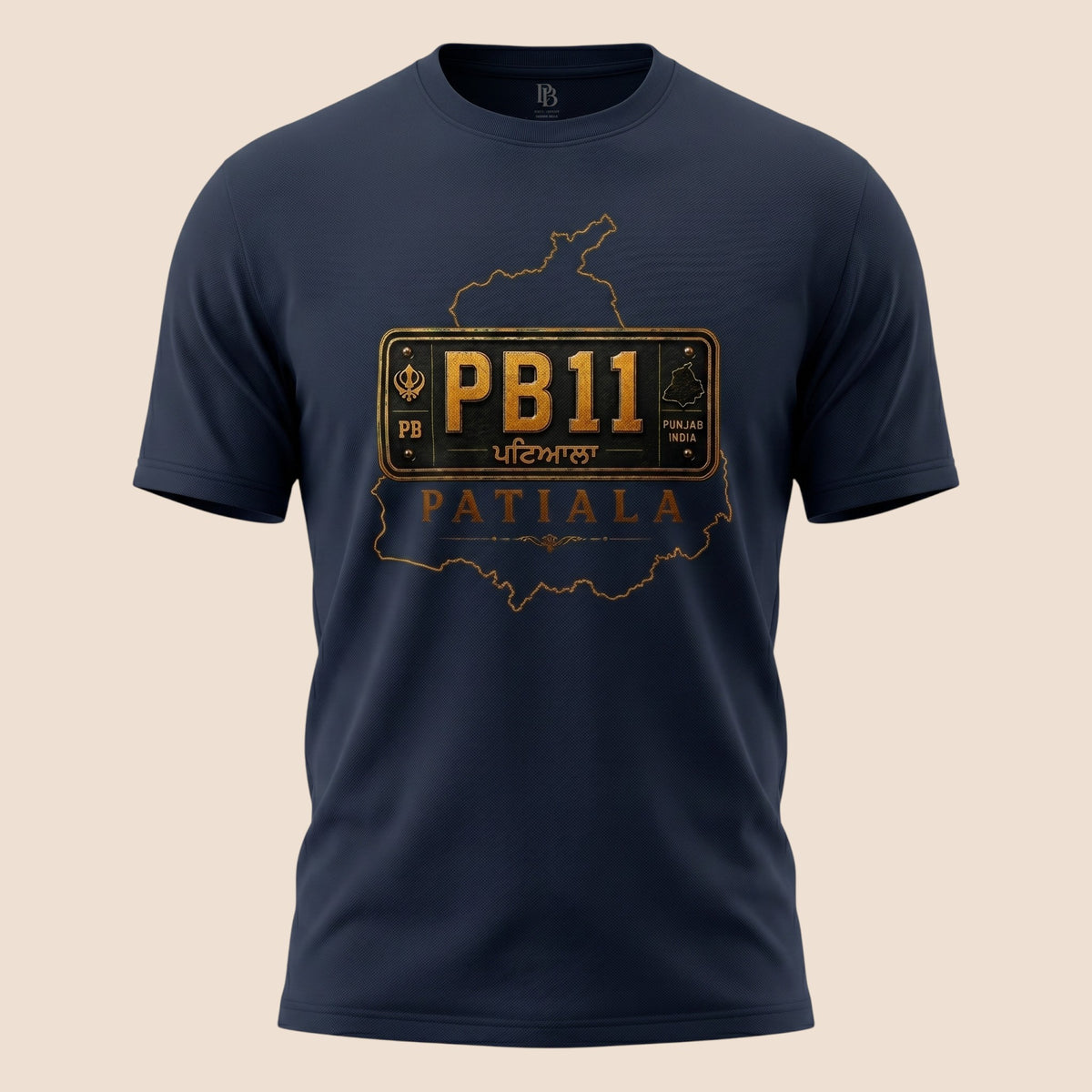 PUNJAB BOLDA navy blue unisex classic tee featuring a gold PB11 Patiala district graphic print on the chest.