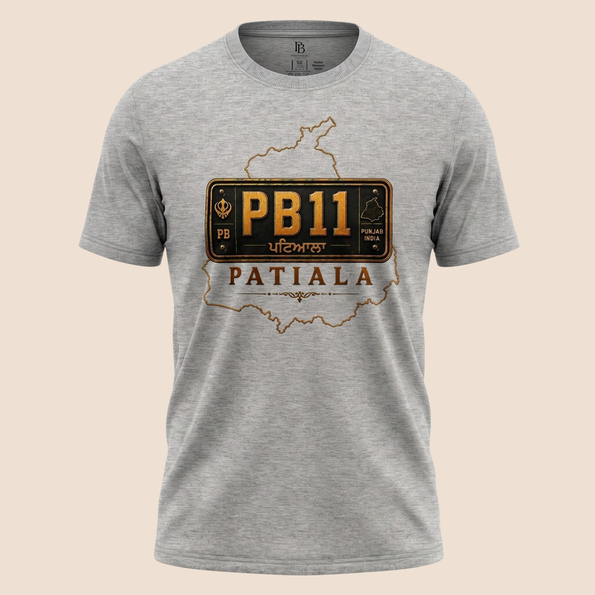 PUNJAB BOLDA grey unisex classic tee featuring a PB11 Patiala district license plate graphic design.