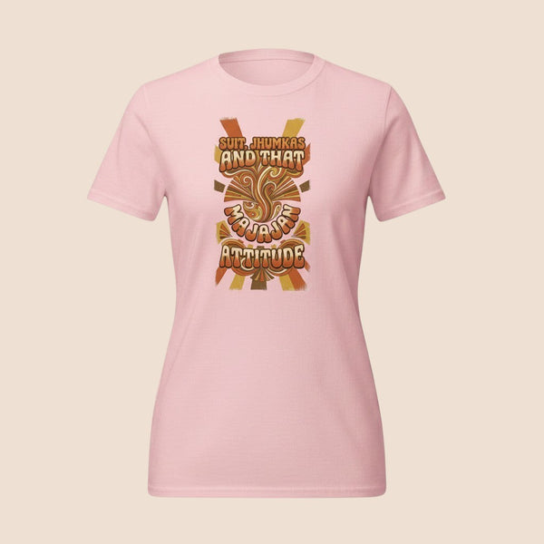 PUNJAB BOLDA light pink unisex cotton t-shirt featuring a retro-style graphic print with the text Suit Jhumkas Attitude