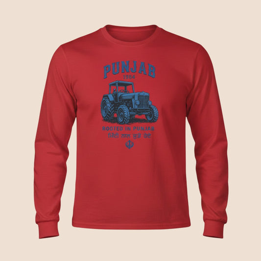PUNJAB BOLDA red long sleeve cotton shirt with a blue tractor graphic and Punjab 1984 text print.