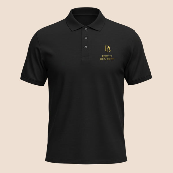 PUNJAB BOLDA black pique polo shirt with gold ROOTS RUN DEEP logo, 3-button placket, and classic cotton fit.