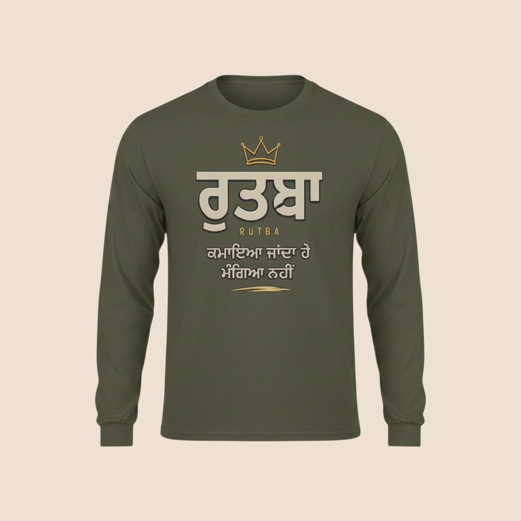 PUNJAB BOLDA olive green long sleeve cotton shirt with RUTBA Punjabi graphic print and crown design.