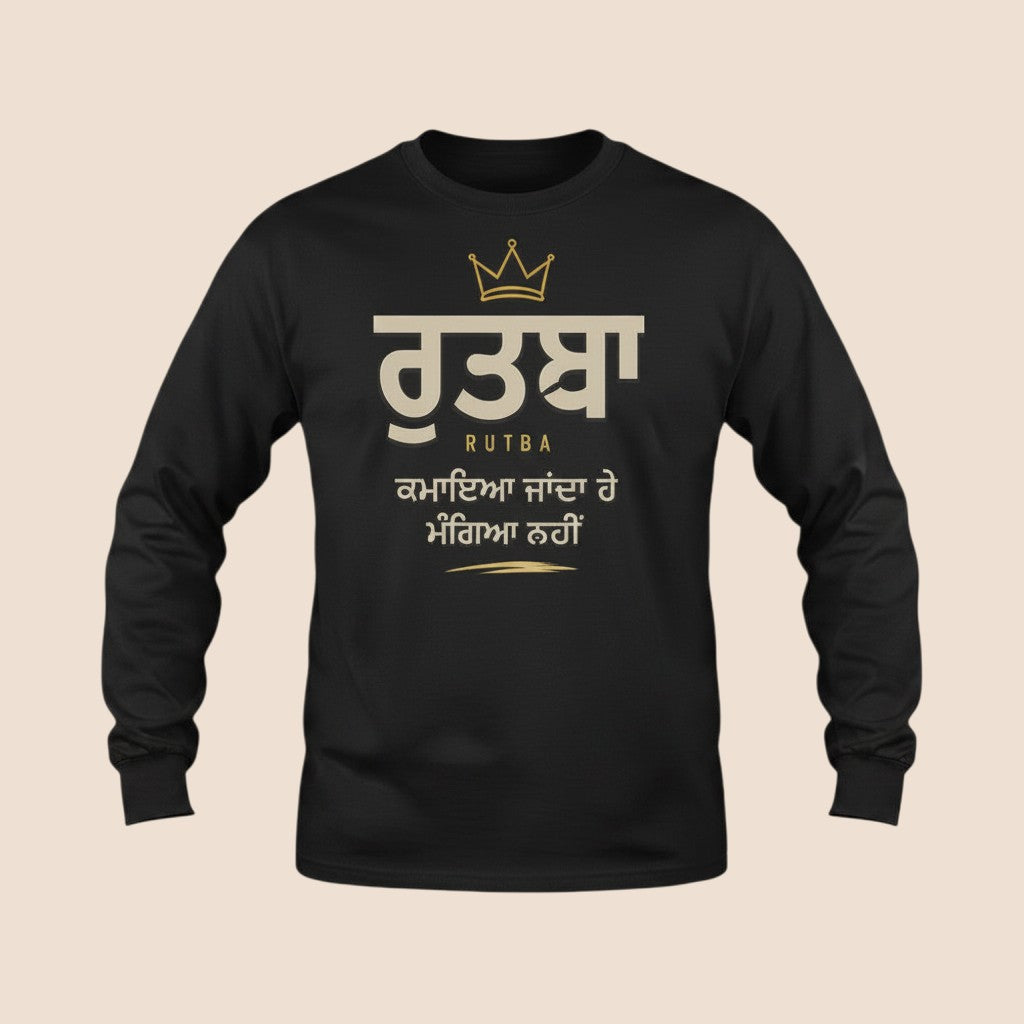 PUNJAB BOLDA black long sleeve cotton shirt with Rutba crown graphic in Punjabi script and gold accents.