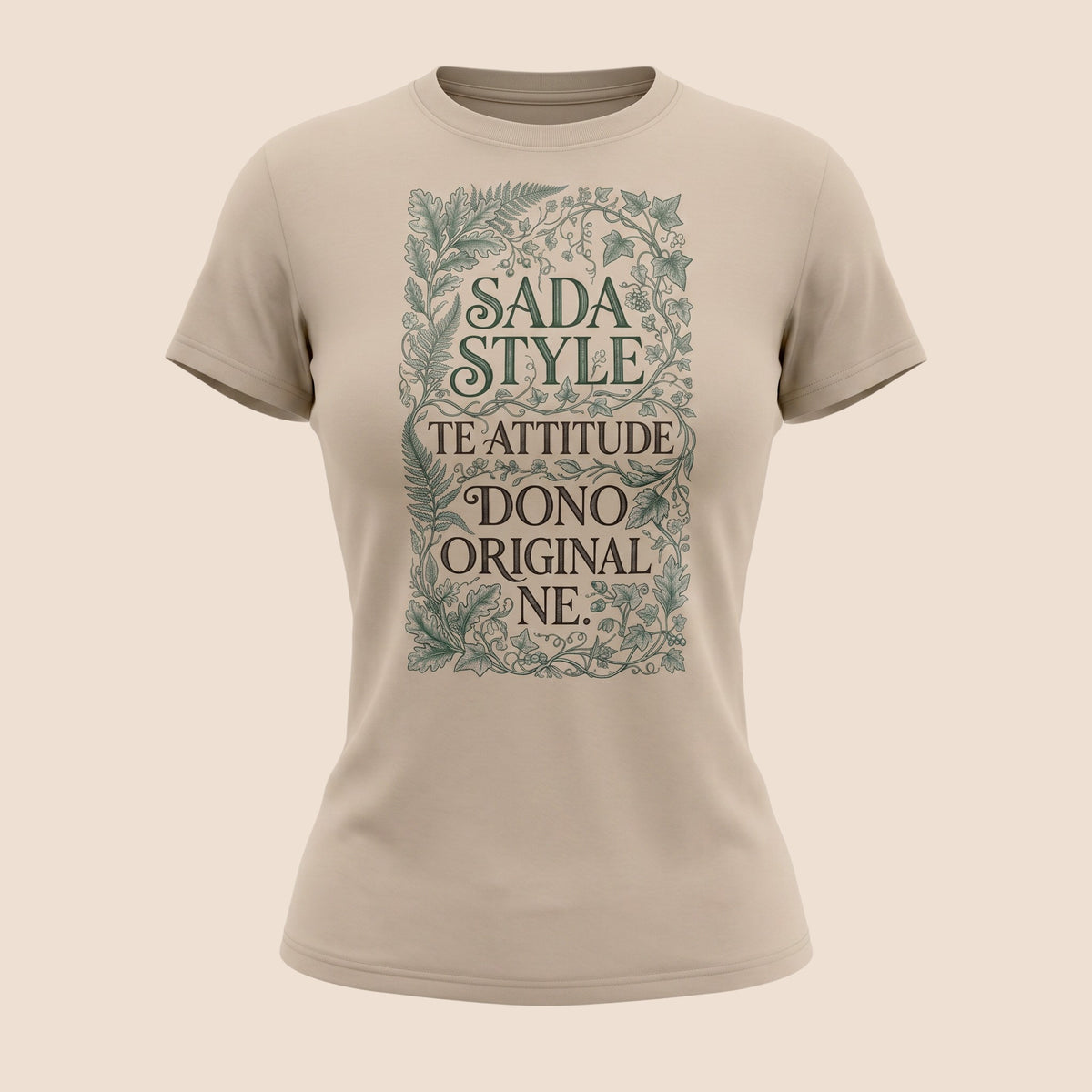 PUNJAB BOLDA beige unisex cotton t-shirt featuring SADA STYLE graphic print with intricate botanical frame design.