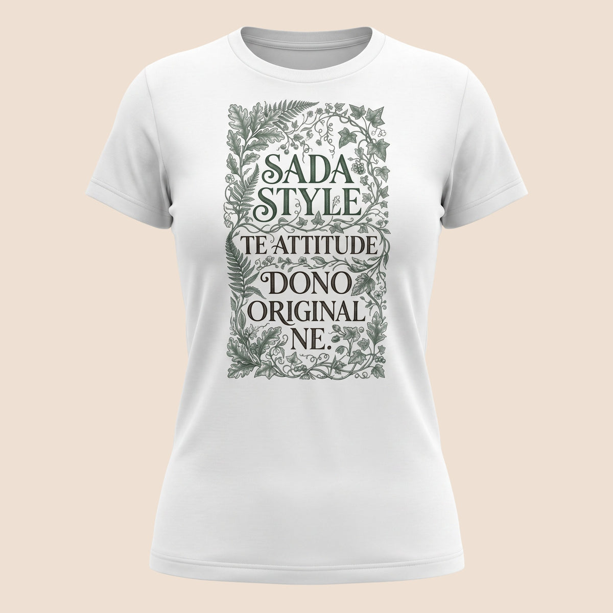 PUNJAB BOLDA white unisex classic cotton tee featuring a green botanical frame and SADA STYLE graphic print.