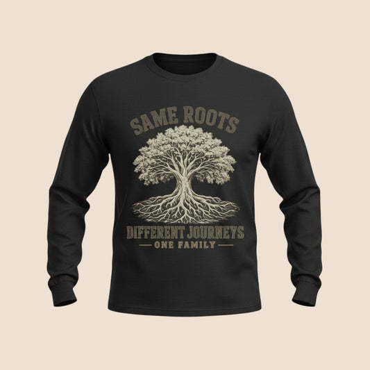 PUNJAB BOLDA black long sleeve cotton shirt featuring a Same Roots Different Journeys tree graphic print.
