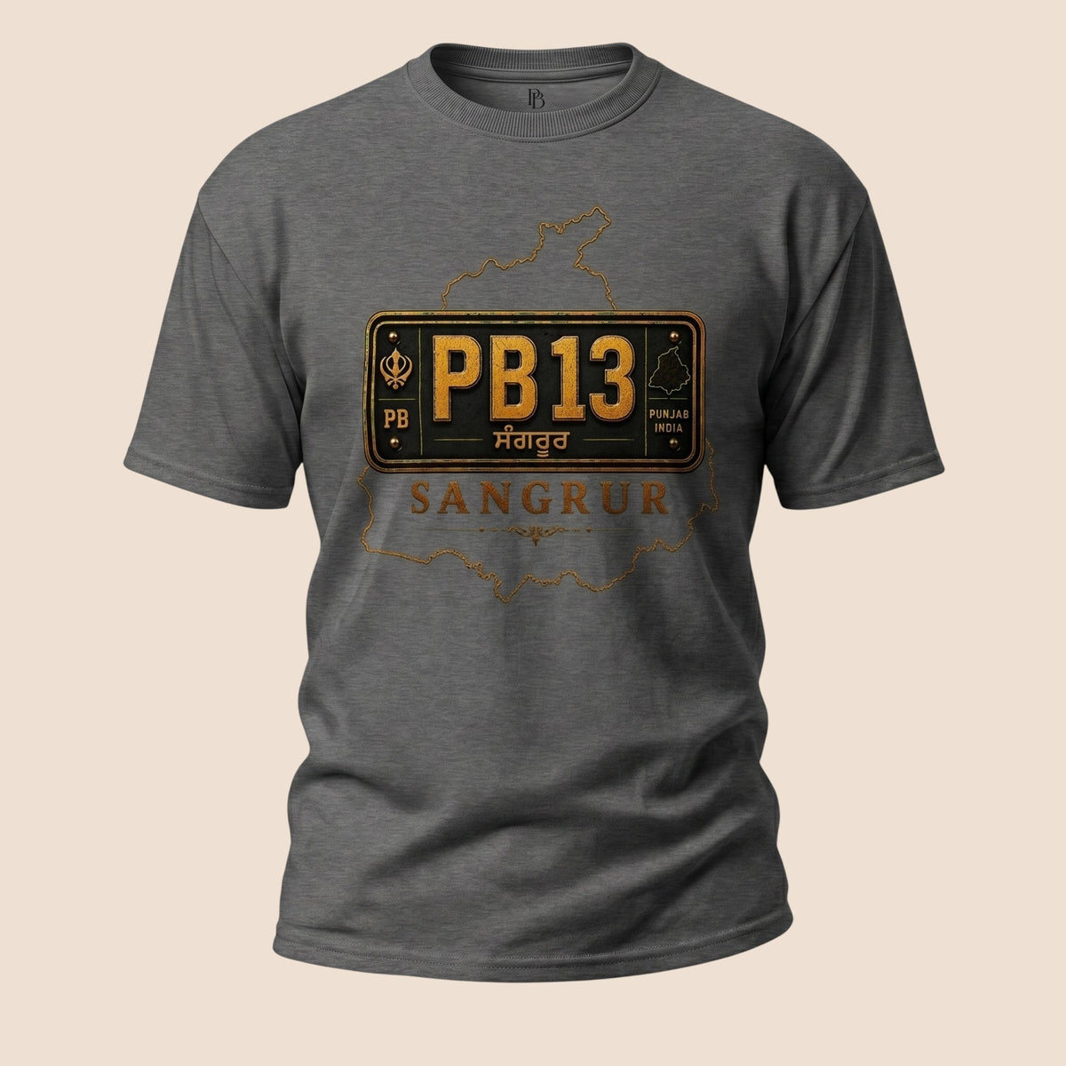 PUNJAB BOLDA charcoal grey unisex classic tee featuring a Sangrur PB13 district license plate graphic design.
