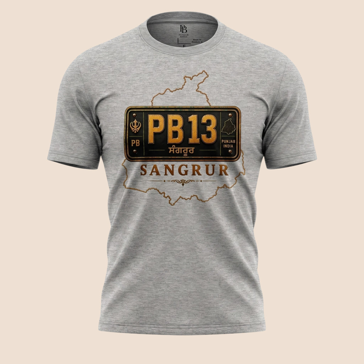 PUNJAB BOLDA grey unisex classic tee featuring a Sangrur district PB13 license plate graphic and heritage design.