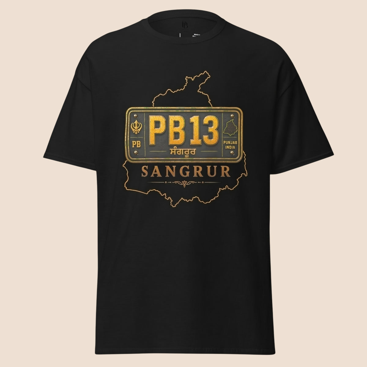 PUNJAB BOLDA black unisex classic tee featuring a gold PB13 Sangrur district license plate graphic design.