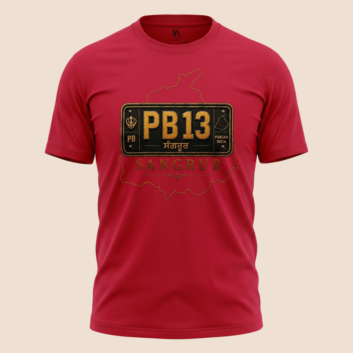 PUNJAB BOLDA red unisex classic tee featuring a Sangrur district PB13 license plate graphic and heritage design.