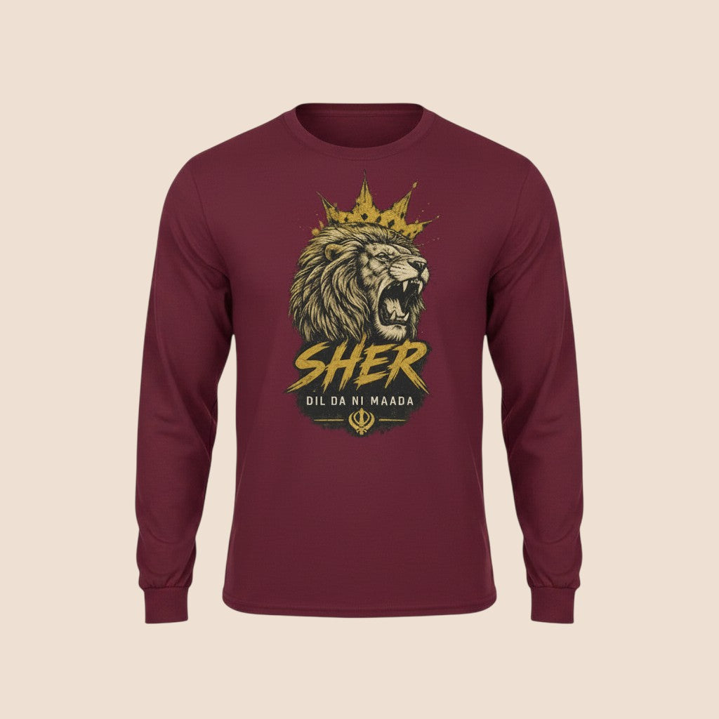 PUNJAB BOLDA maroon long sleeve cotton shirt with a graphic of a roaring lion wearing a crown and text.