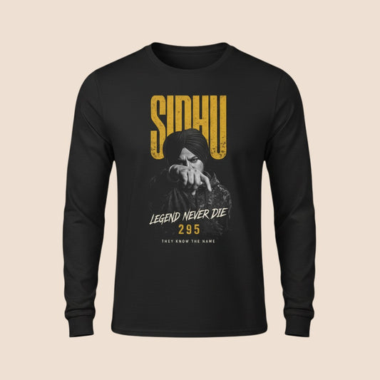 PUNJAB BOLDA black long sleeve cotton shirt featuring a Sidhu Moose Wala graphic with yellow text and 295 design.