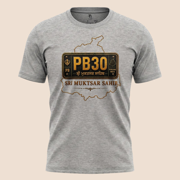 PUNJAB BOLDA grey unisex classic tee featuring a Sri Muktsar Sahib PB30 license plate graphic and district outline.