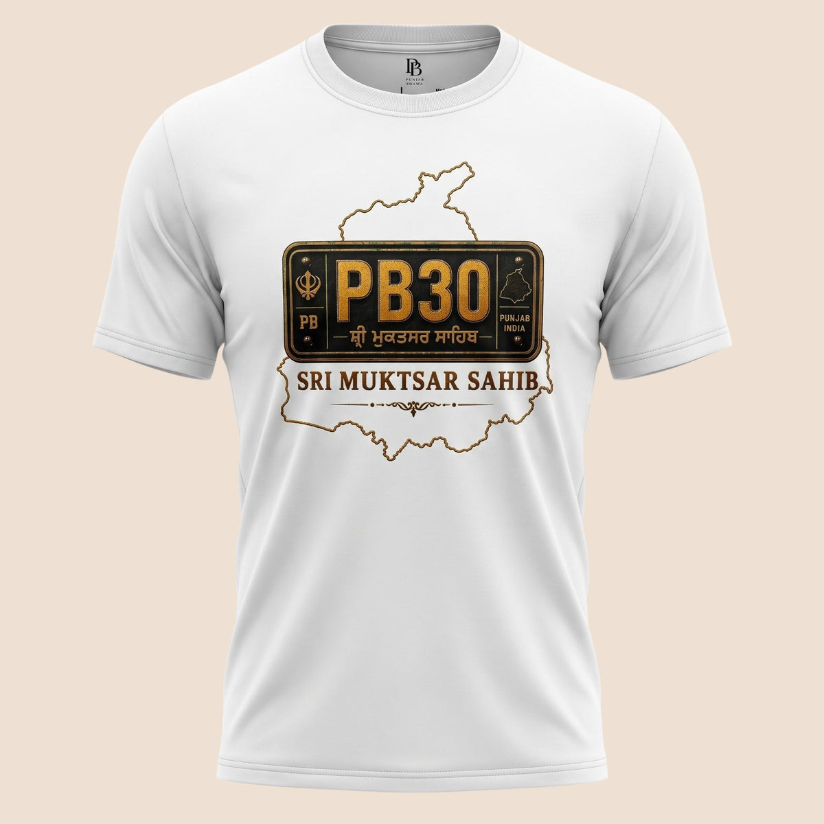 PUNJAB BOLDA white unisex classic tee featuring a Sri Muktsar Sahib PB30 district license plate graphic design.