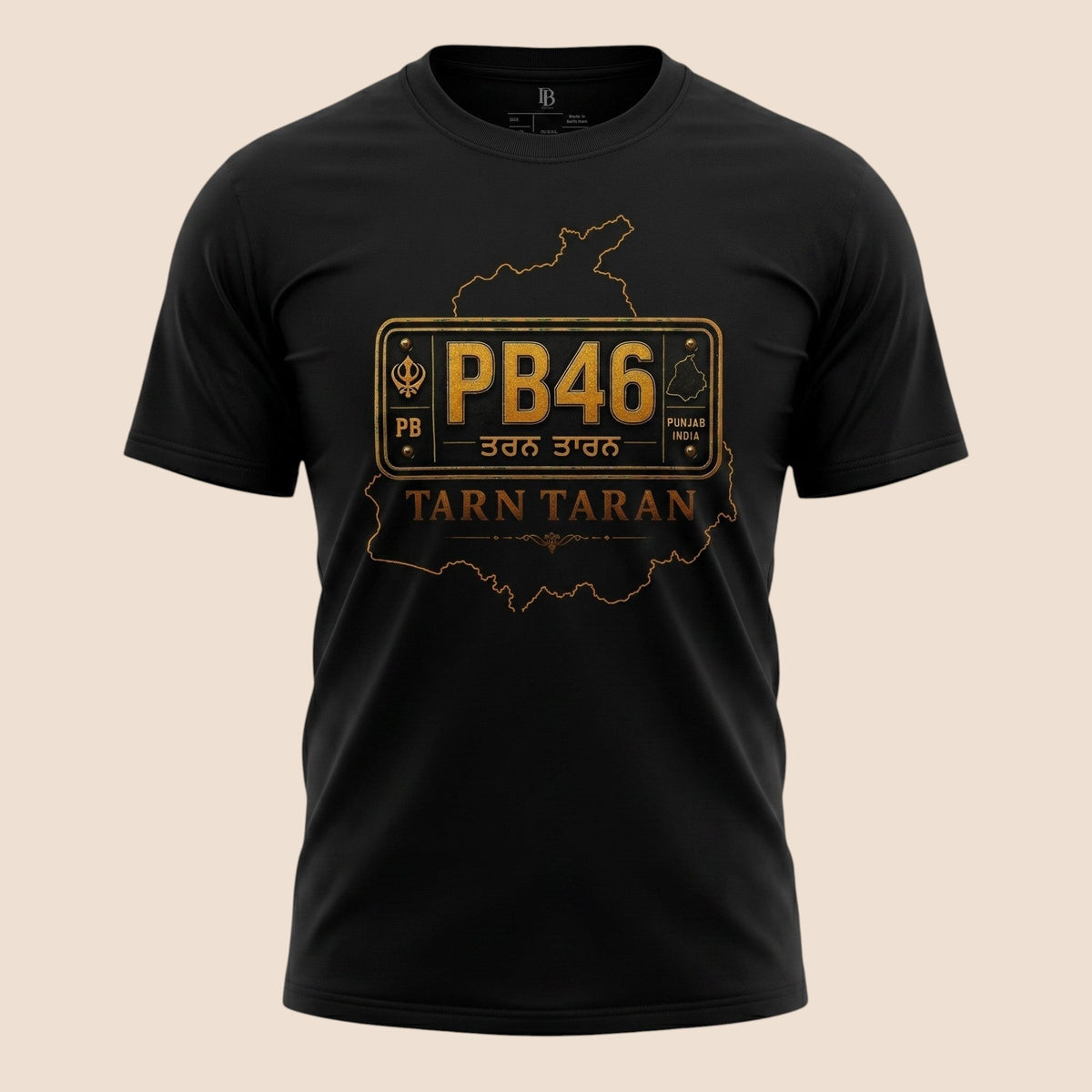 PUNJAB BOLDA black unisex classic tee featuring a gold PB46 Tarn Taran district license plate graphic design.