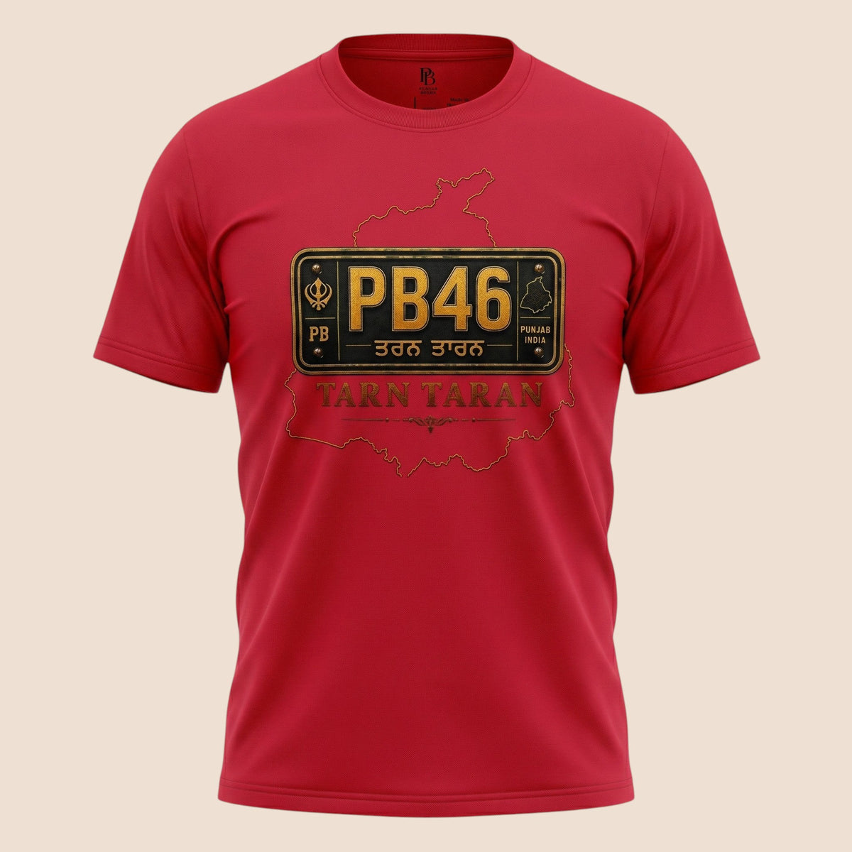 PUNJAB BOLDA red unisex classic tee featuring a Tarn Taran district license plate graphic and heritage design.