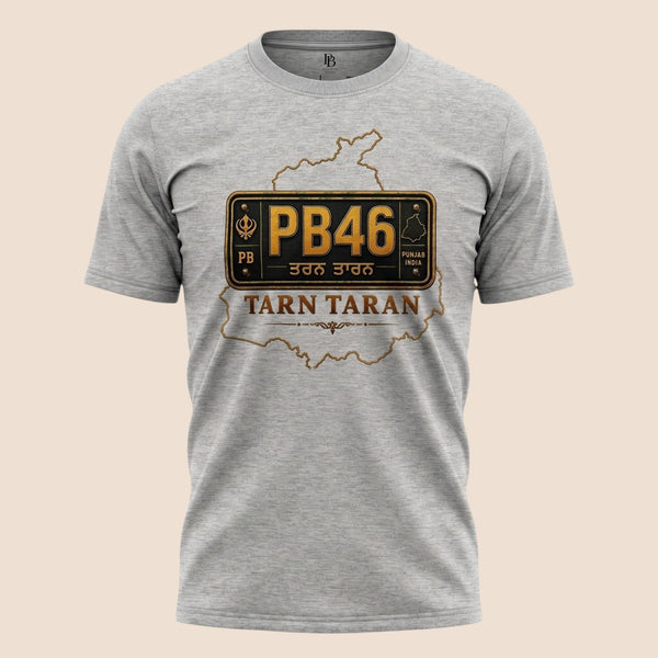 PUNJAB BOLDA grey unisex classic tee featuring a Tarn Taran district license plate graphic and heritage design.