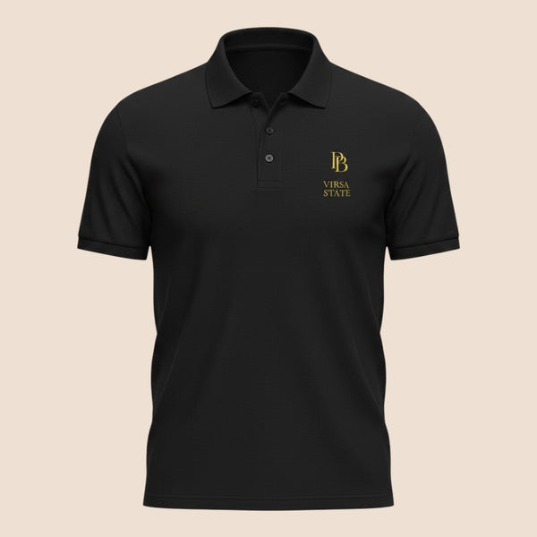 PUNJAB BOLDA VIRSA STATE black pique cotton polo shirt with gold logo embroidery and three-button placket.